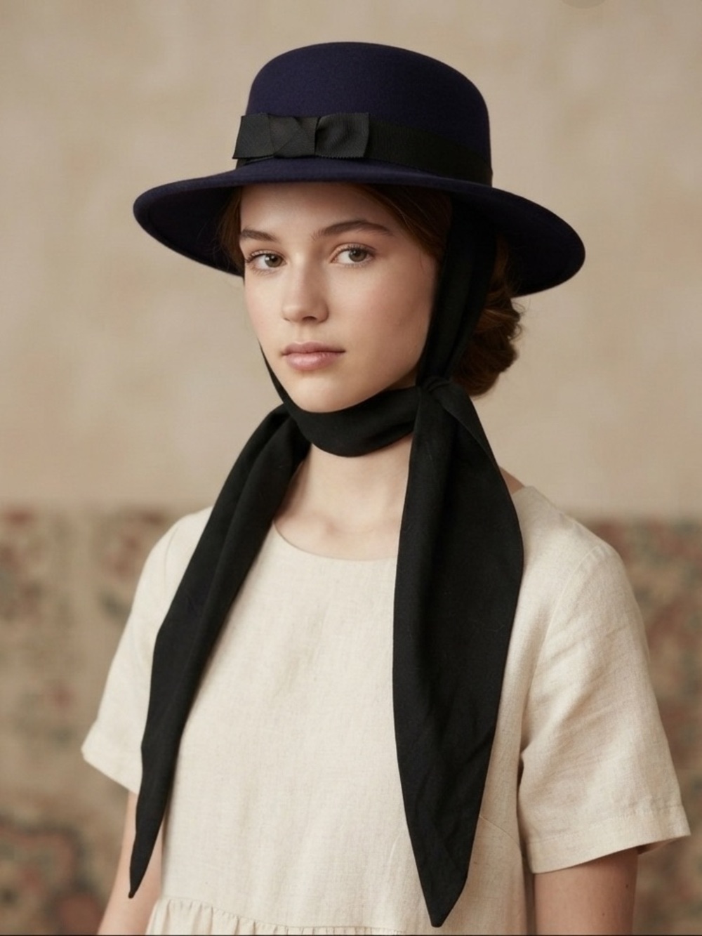 Purple wpl 5923Wool  Wide Brim Hat Black Ribbon Bow‎ Tie Back Accent Women